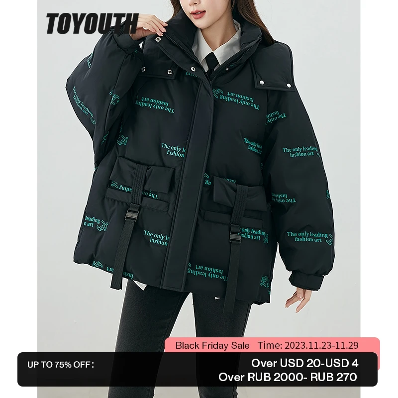 

Toyouth Women Thick Down Jacket 2022 Winter Stand Collar 90% Duck Down Warm Windproof Coat with Pocket Letter Print Outwear