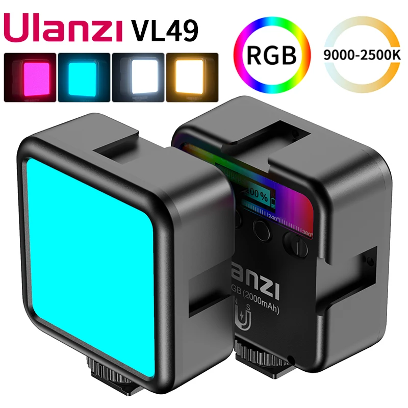 

Полноцветная мини-вспышка Ulanzi VL49, RGB, 2500K-9000K, с магнитным заполнением, с 3 холодными башмаками, 2000 мА · ч, с портом Type-C для Vlog