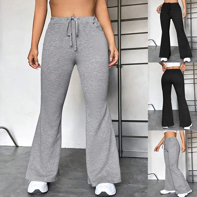 

Women Slim Drawstring Yoga Pant Solid Color Wide Leg High Waist Micro Flared Pants Casual Sports Fitness Soft