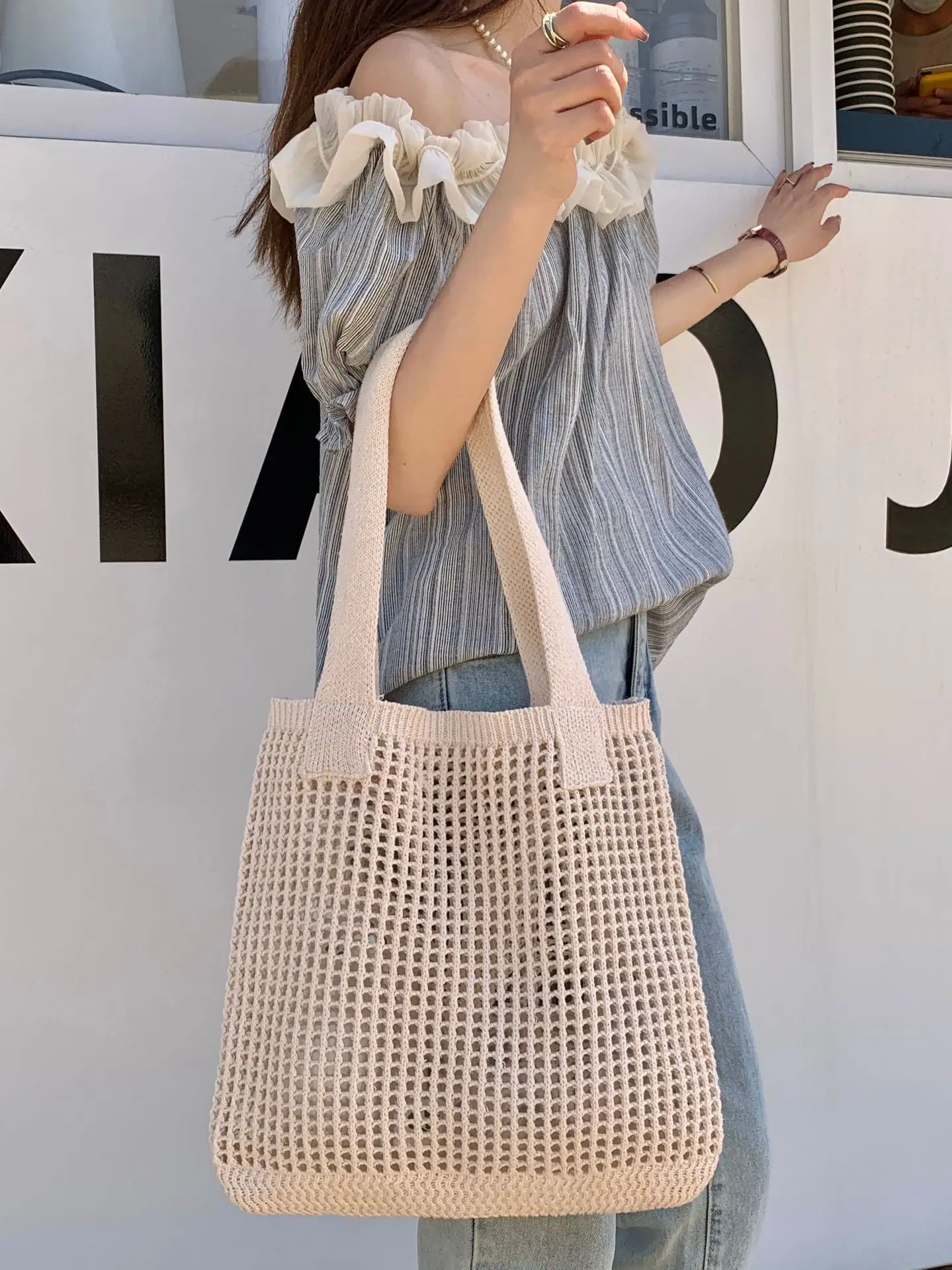 Casual Travel Women Woven Large Capacity Handbag and Purse Shopper Tote Female Armpit Knitting Bucket Shoulder Bags