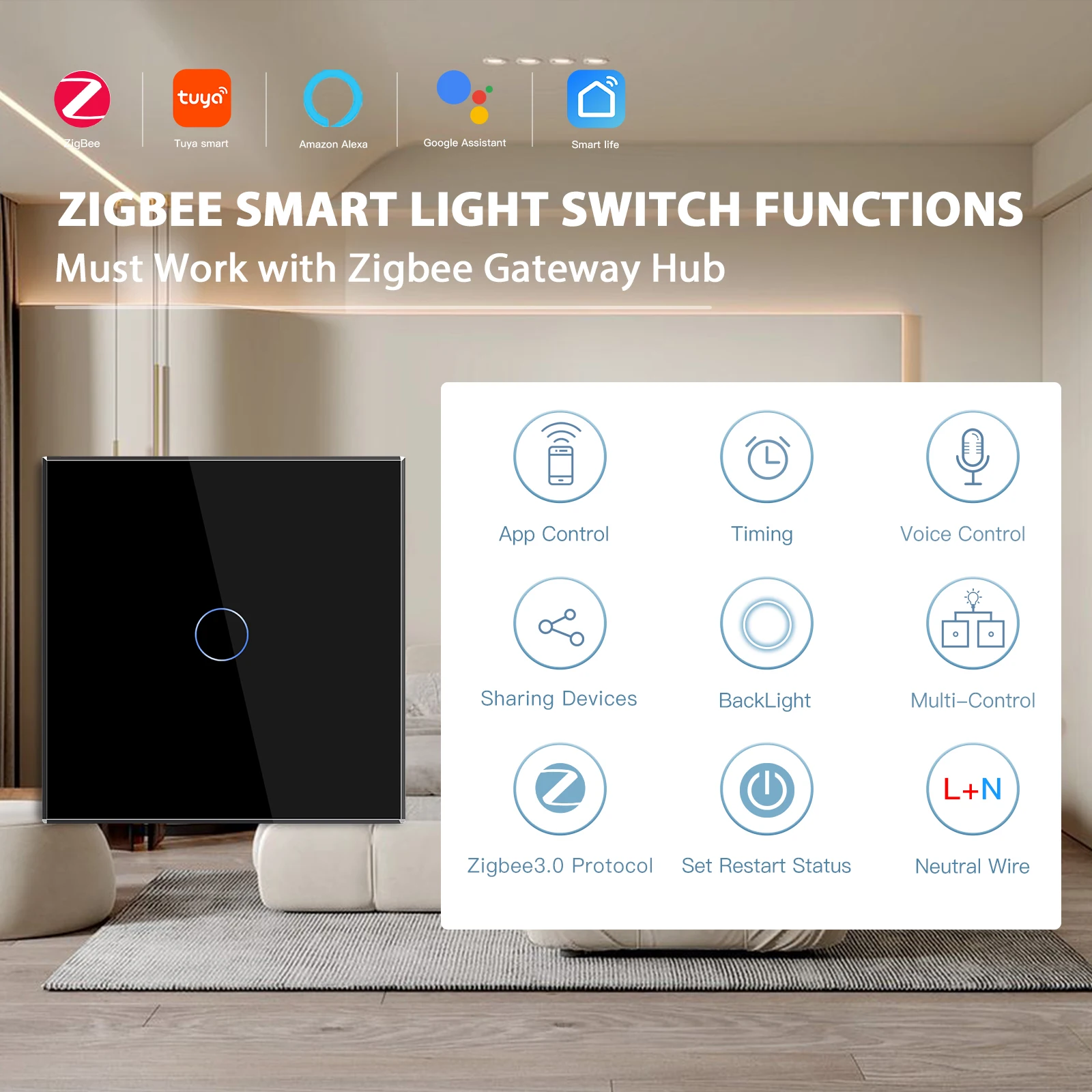 Фото Умные светильник ели света BSEED Zigbee, настенные сенсорные переключатели, 1 клавиша, 3 канала, поддержка Google Home, Smart Life, Alexa, голосовое управление, ... №2