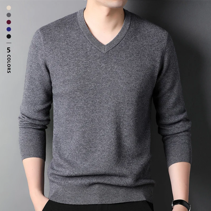 

Brand Clothing New Autumn Winter V-Neck Sweaters Men Solid Color Stretch Warm Knitted Pullover Thick Grey Sweater Knitwear Male