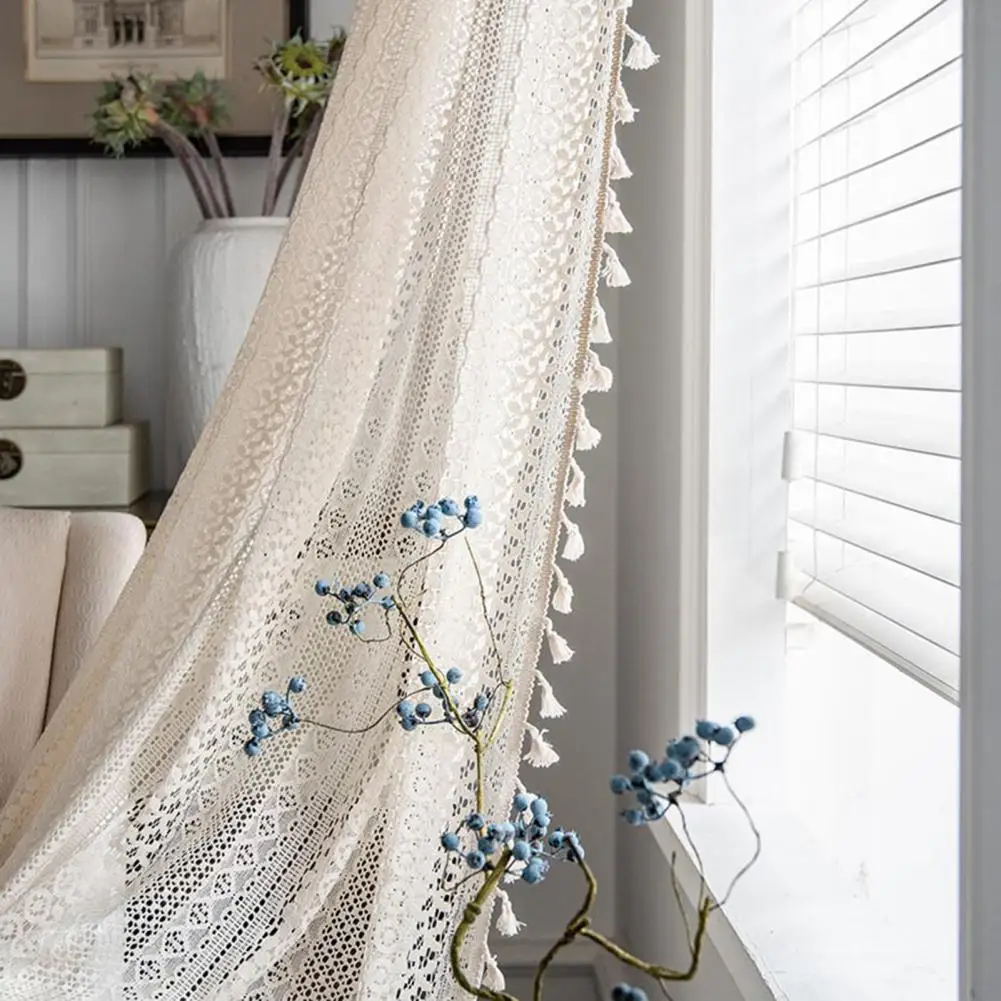 

Practical American Style Soft Boho Windows Sheer Curtain with Tassel Home Decor for Gift Window Treatment Window Drape