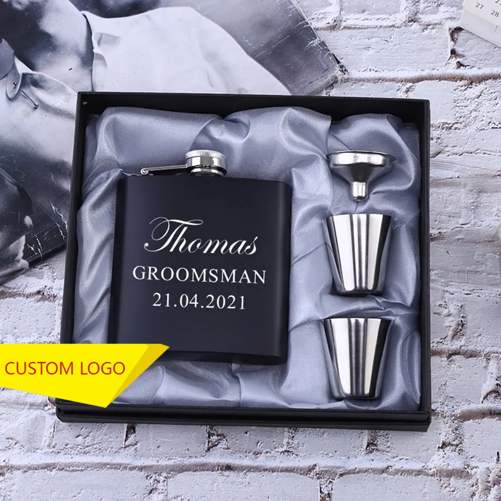 Personalized Engraving 6oz Black Stainless Steel Hip Flask Groomsmen Groom Gift Wedding Party Best Man Gift With Box Custom Logo