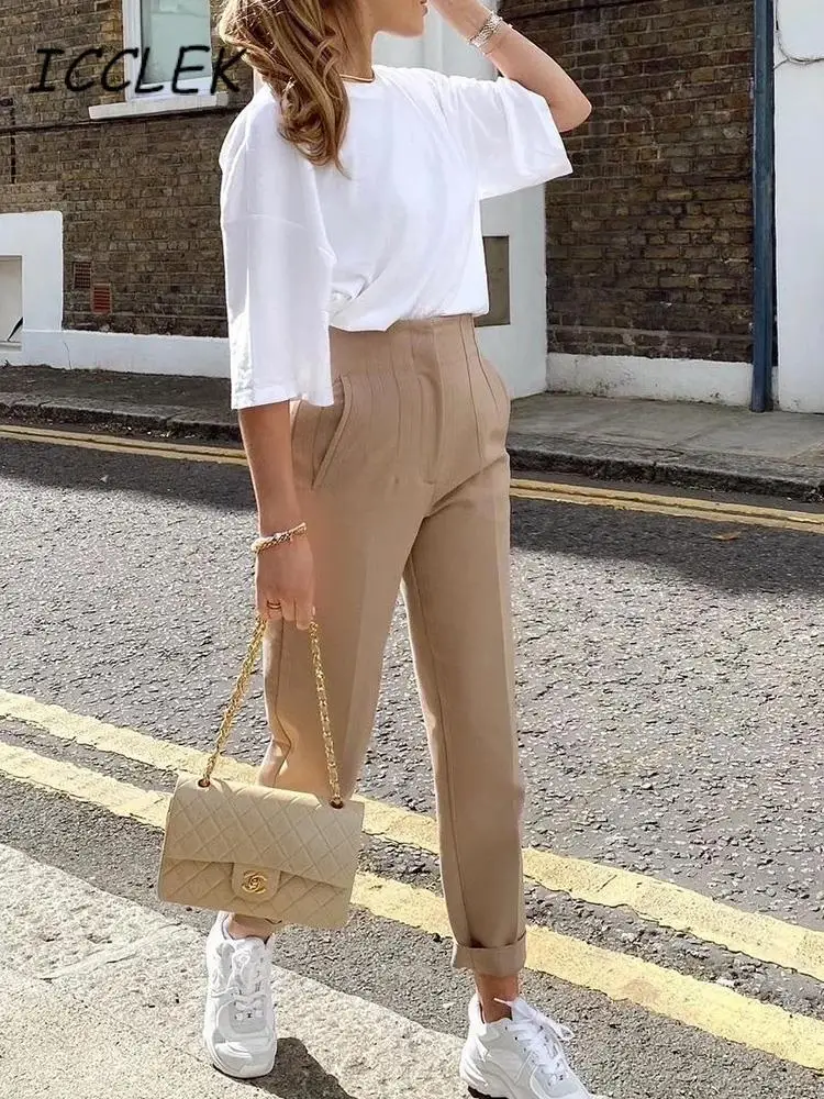 Icclek Spring Women's Pant Solid Casual Harem Pants Office Formal Ladies Pant Loose High Waist Chic Khaki Black Trousers Vintage