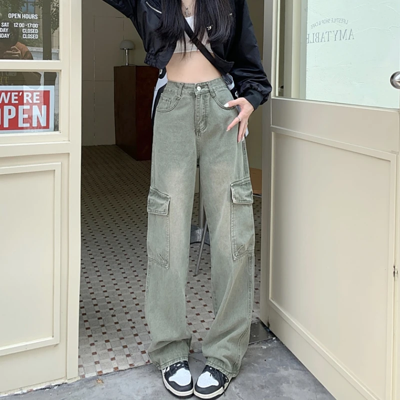 

Зеленые женские джинсы с высокой талией, американская винтажная уличная одежда, джинсовые брюки, новый дизайн, прямые летние женские джинсовые брюки с широкими штанинами