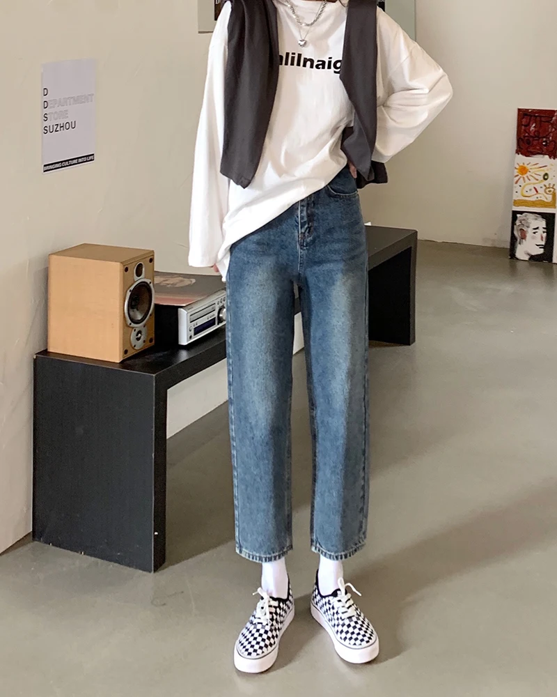 

DD3079 New loose straight all-match jeans women's high waist slim nine-point pants jeans