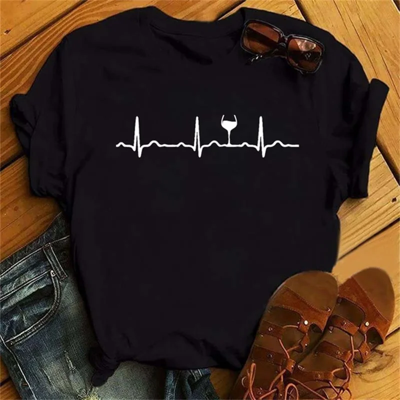 

Wine Heartbeat Print Fashion T Shirt Women Short Sleeve O Neck Loose Tshirt Summer Women Causal Tee Shirt Tops Camisetas Mujer