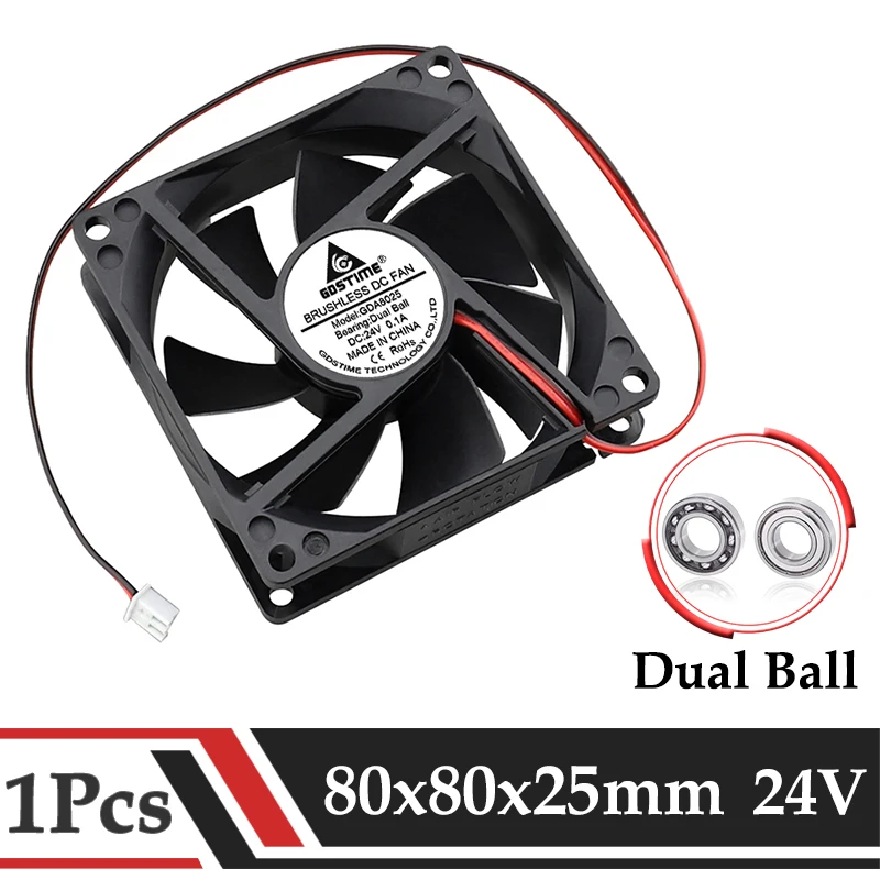 

Gdstime 1 Piece DC 24V Dual Ball 80mm x 25mm 8cm 2Pin Heatsink Case Cooling Fan 80*80*25mm 8025 PC Brushless Motor Cooler