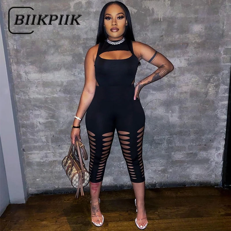 

BIIKPIIK Black Elastic Playsuits Women Skinny Hollow Out Activewear Club Sexy One Piece Shorts Rompers Sleeveless Basic Overalls
