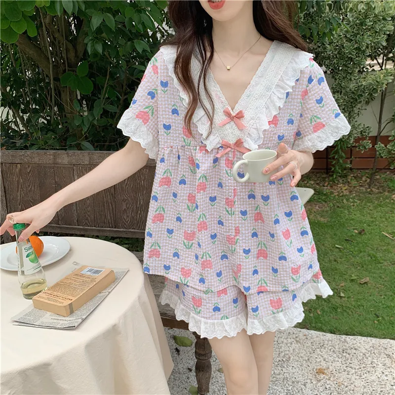 

Kawaii цветочный костюм с V-образным вырезом рубашки + шорты хлопковый летний пижамный комплект для женщин милый фиолетовый домашний костюм из ...