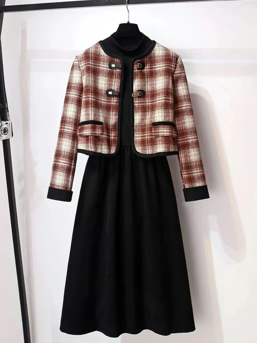 Изящная клетчатая верхняя одежда базовое платье с длинными рукавами комплект из