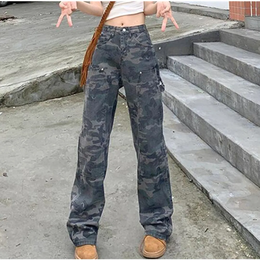 

Punk Y2K Camo Cargo Pants Straight Loose High Waist Wide Leg Baggy Jeans Vintage 90S Aesthetic Techwear Hippie Mom Jeans