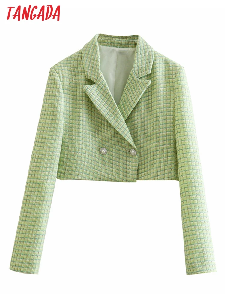 

Tangada Women Green Tweed Blazer Female Long Sleeve Elegant Jacket Ladies Crop Blazer Suits 6P40