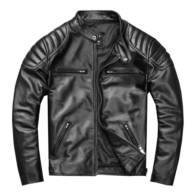 Vintage Distressed real Leather Moto Jackets Men Natural Calfskin Genuine Jacket Stand short Spring Autumn corium Coat