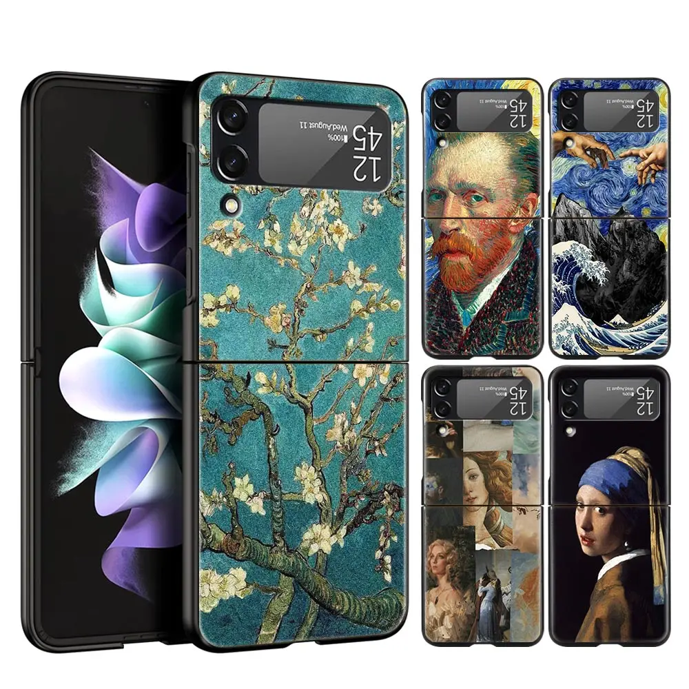 

Mona Lisa Van gogh Oil Painting Art Phone Case for Samsung Galaxy Z Flip 3 4 5G Black Shell For Samsung Z Flip3 Flip4 Hard Cover
