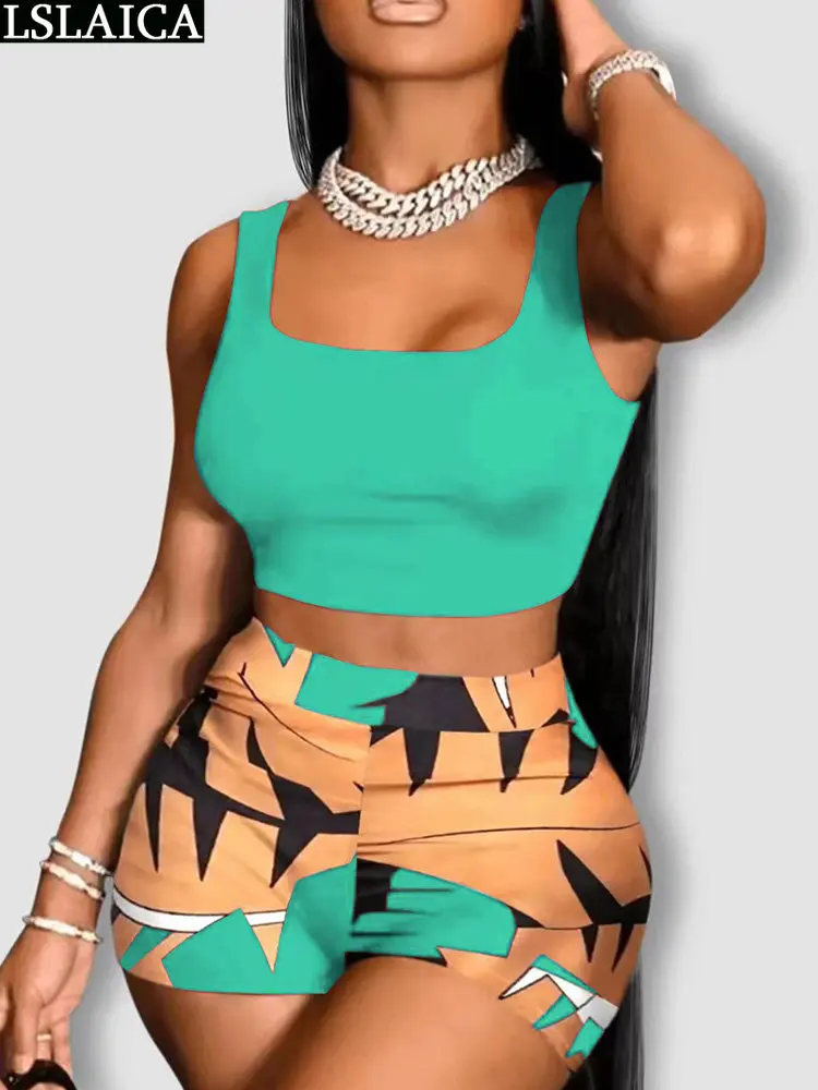 

Print Summer Women's Suit Tank Top Crop Clothing 2 Pieces Sets Holiday Elastic Waist Trendy Beach Elegant Shorts Two-piece Set