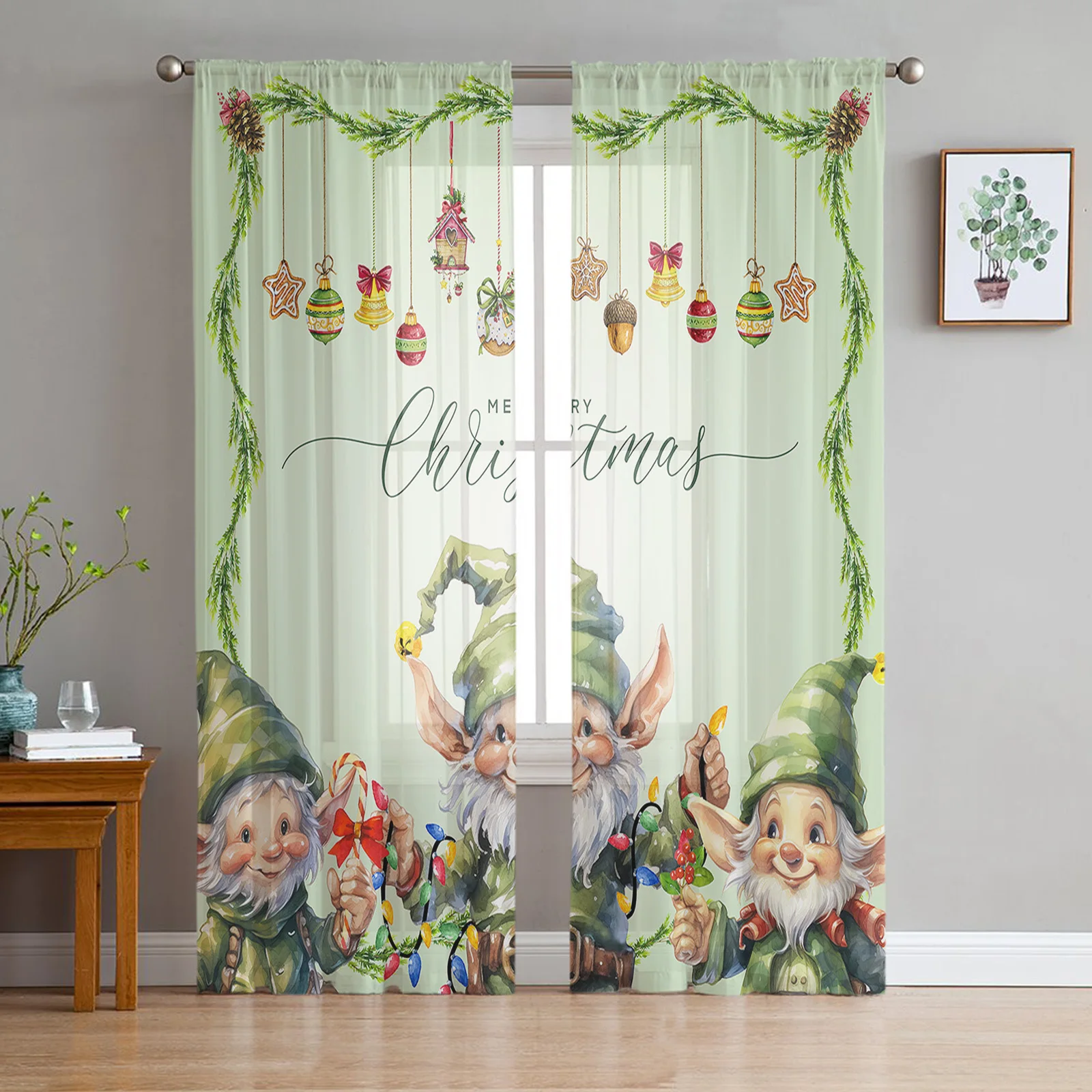 

Зеленые рождественские эльфы, рождественские шарики из пряжи, эргономичные шторы для гостиной, кухни, оконные прозрачные Занавески Из вуали