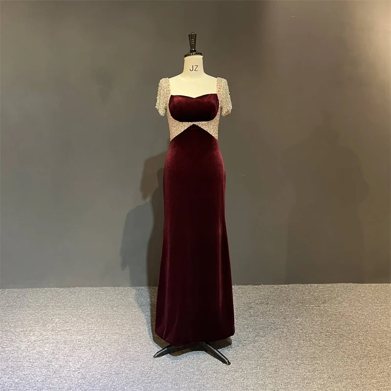 

100%Real Photos Burgundy Velvet Luxury Heavy Beads Crystals Short Sleeves Mermaid Formal Prom Party Dance Bridal Evening Dresses
