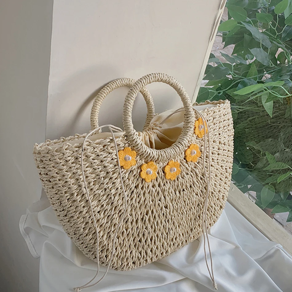 

Summer Handmade Bags for Women New Beach Weaving Ladies Straw Bag Wrapped Beach Sac Moon Shaped Top-handle Totes Handbags Purses