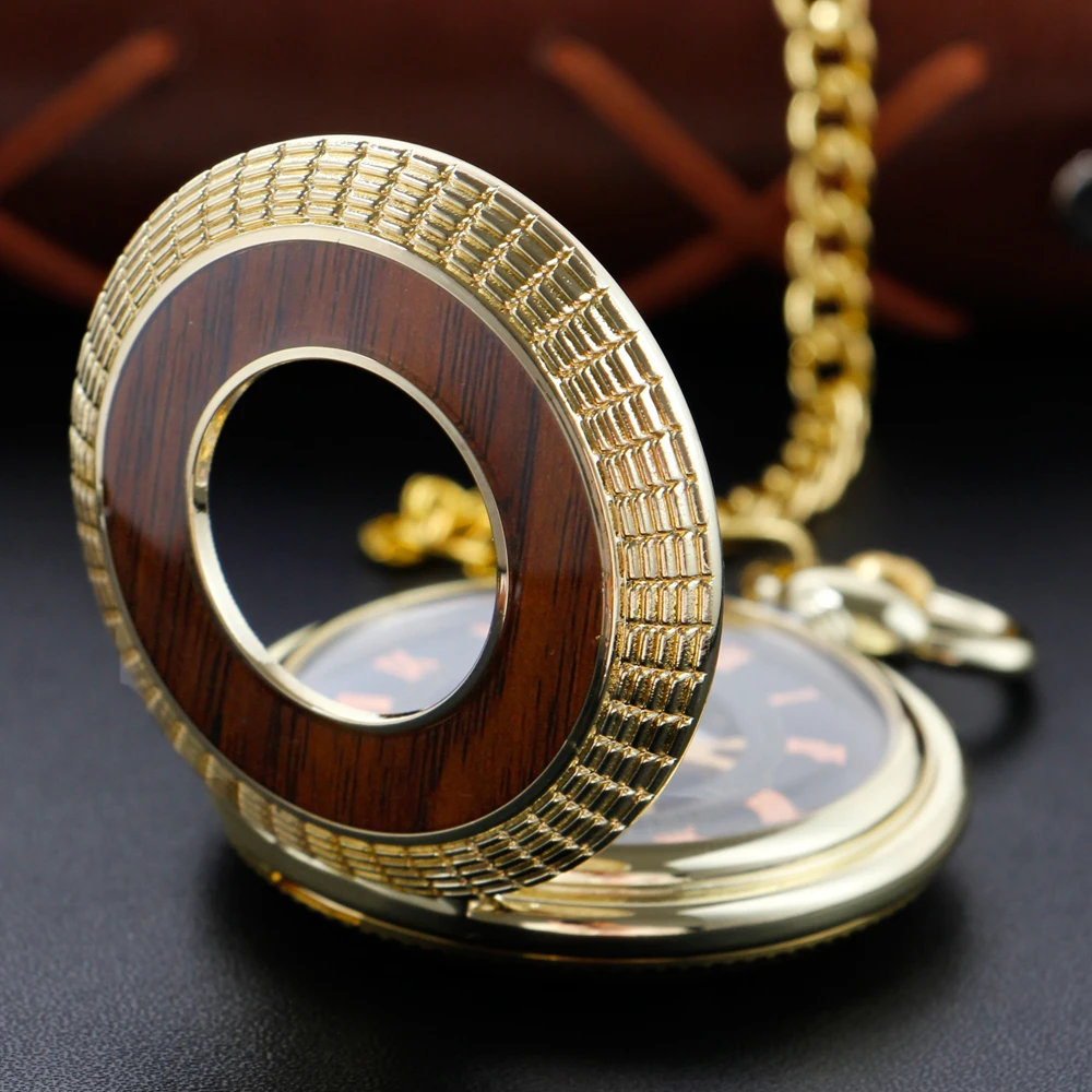 Wooden Vintage Pocket Watch Mechanical Men's and Women's Handbag Steam Punk Necklace Fob Watch Chain Roman Digital Clock Gift