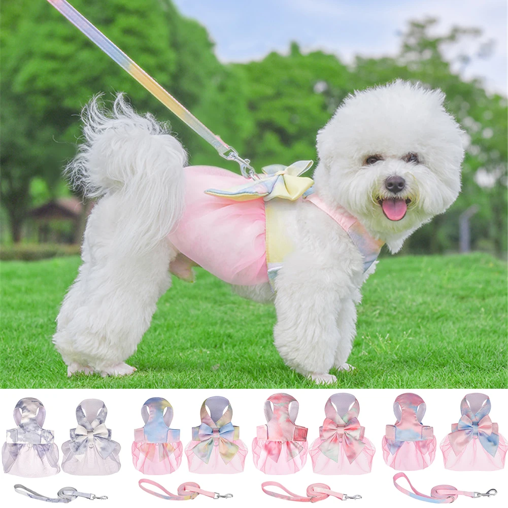 

Bow Dog Collar Harness Skirt Vest Clothes Gradient Color Pet Dress Up Harnesses Clothing with Leash Breast Strap Traction Rope