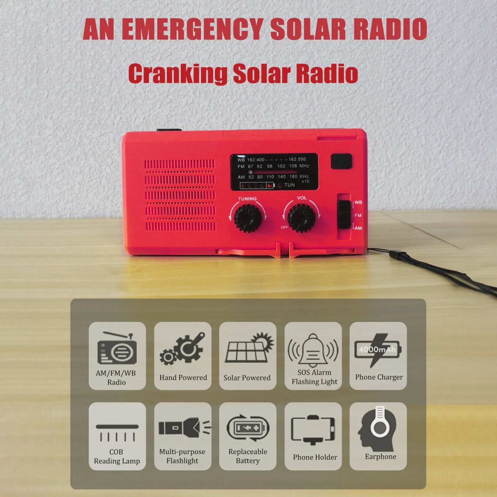 

Emergency Solar Powered Hand Crank Radio Phone Charger Multi-purpose LED Flashlight AM/FM/NOAA Weather Radio Survival Supplies