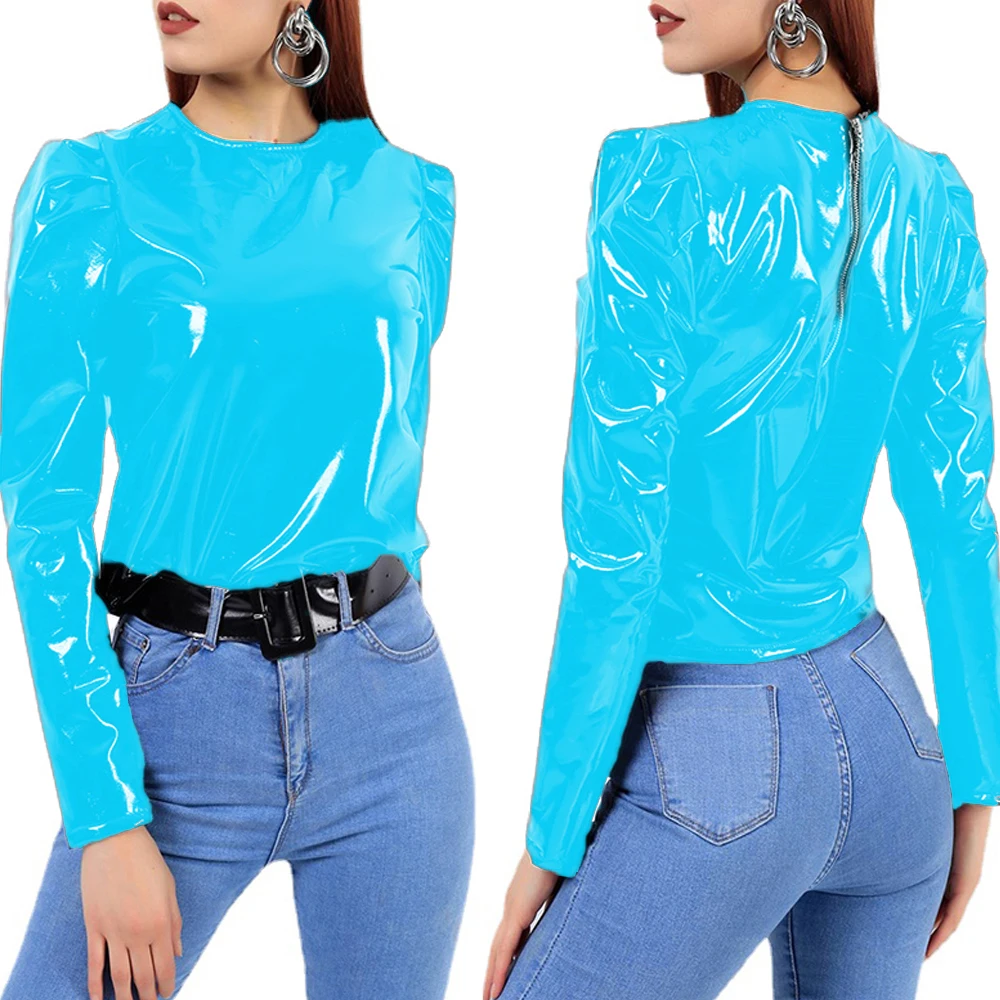 Women Faux Patent Leather Turtleneck Tops Long Sleeve Shirt Zipper PVC Pullover Black Red PU Clothes Streetwear Custom | Женская одежда