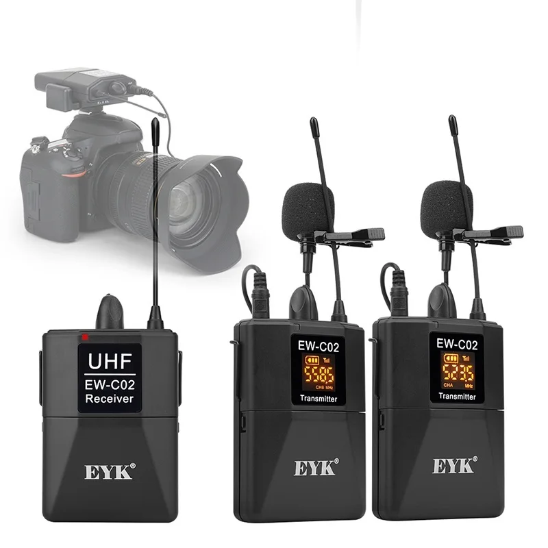 

Top EW-C02 30 Channel UHF Wireless Dual Lavalier Microphone System 60m Range for DSLR Camera Phone Interview Recording Lapel Mic