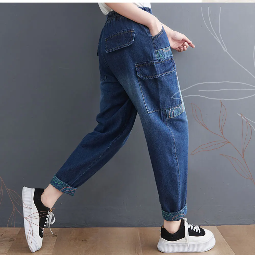 Aricaca Womens Embroidery Patch Designs Denim Trousers Ladies Loose Vintage Casual Style Harem Pants Denim Pants