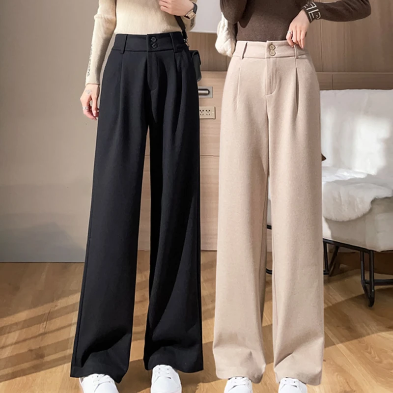 

Women Woolen Wide-leg Pants Fall Winter Elastic High-waisted Trousers Girl Vintage Thick Slim Fit Straight Pant 2023 New Fashion