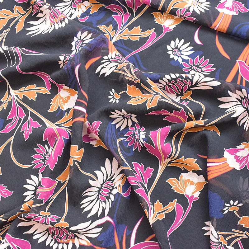 

High Quality High Viscosity Chiffon Fabric Spring And Summer Printed Fabric Navy Elegant Flowers Soft And Soft