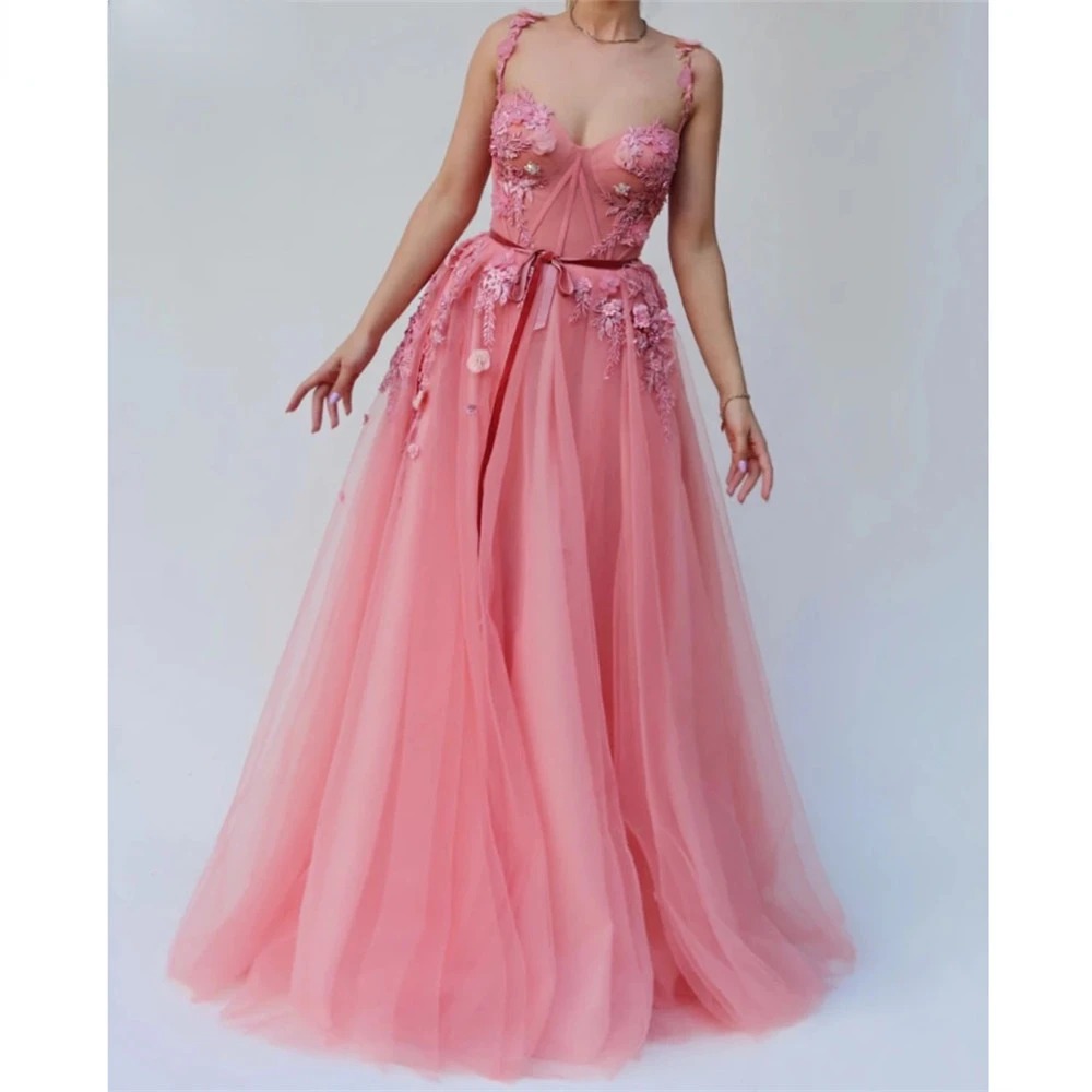 

Long Floral Applique Sheer Prom Dresses with Spaghetti Straps 2023 Sexy Illusion Bodice Puffy Tulle Backless Formal Evening Gown