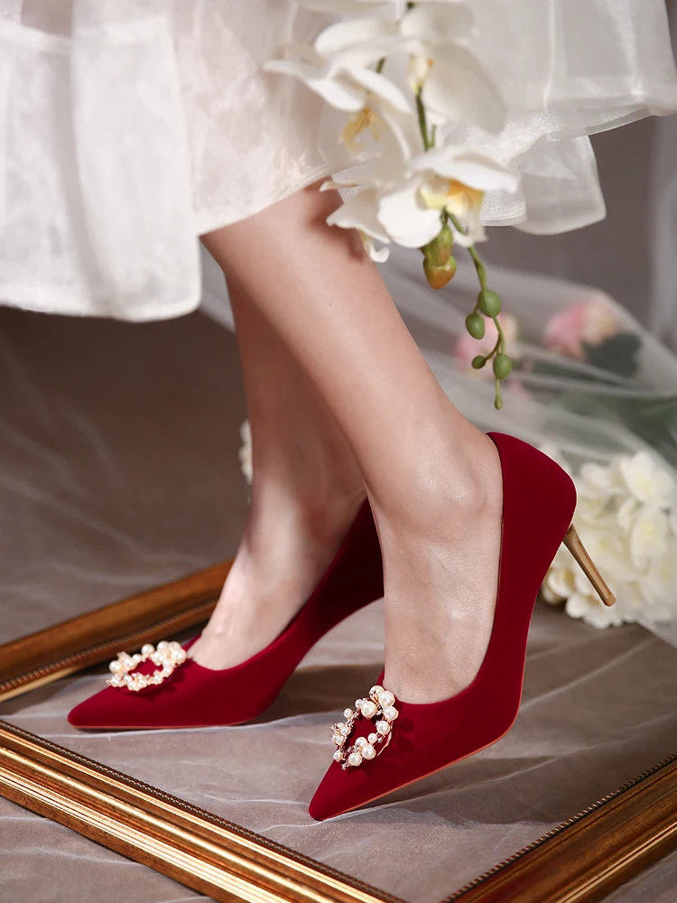 Wedding Shoes 2021 New Wine Red Pearl High Heels Women's Wedding Shoes Bride's Shoes Wedding Dress Red Shoes