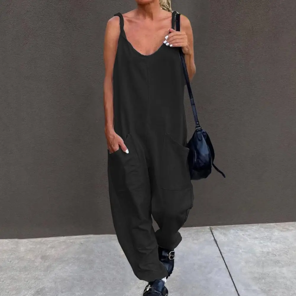 

Women Summer Jumpsuit Loose Wide Leg Solid Color V Neck Low-cut Daily Wear Pockets Backless Plus Size Women Overall Lady Clothin