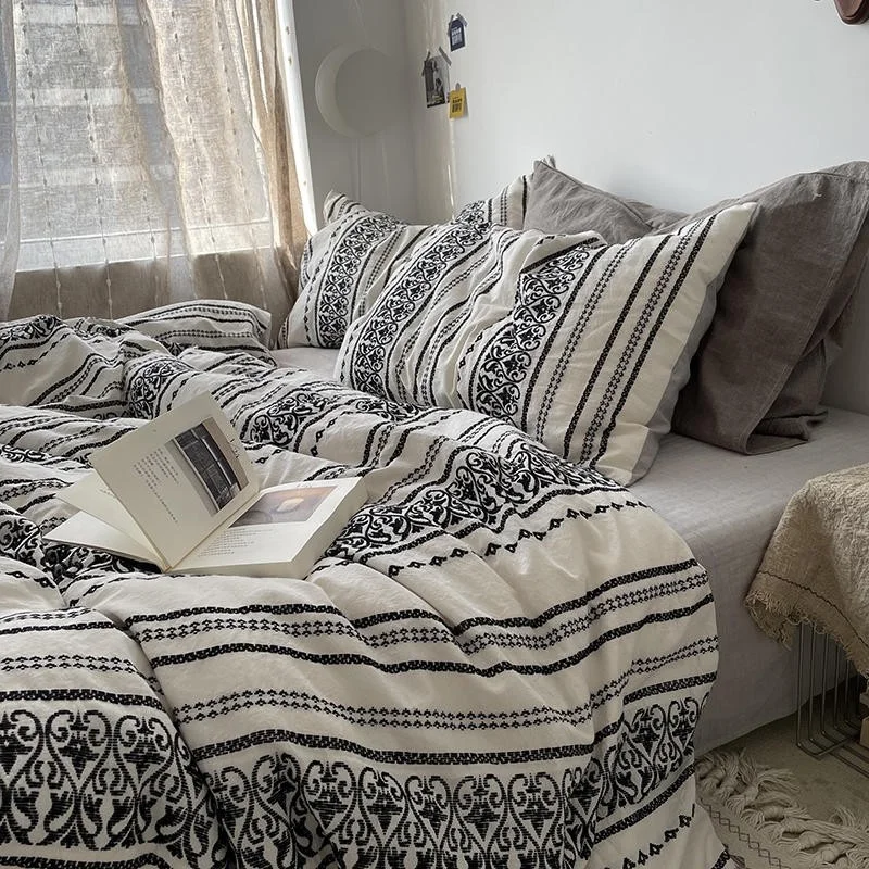 

White Black Geometric Stripe Boho Duvet Set Queen King 4pcs Yarn Dyed Wasehed Cotton Comforter Cover Bed Sheet Pillowcases