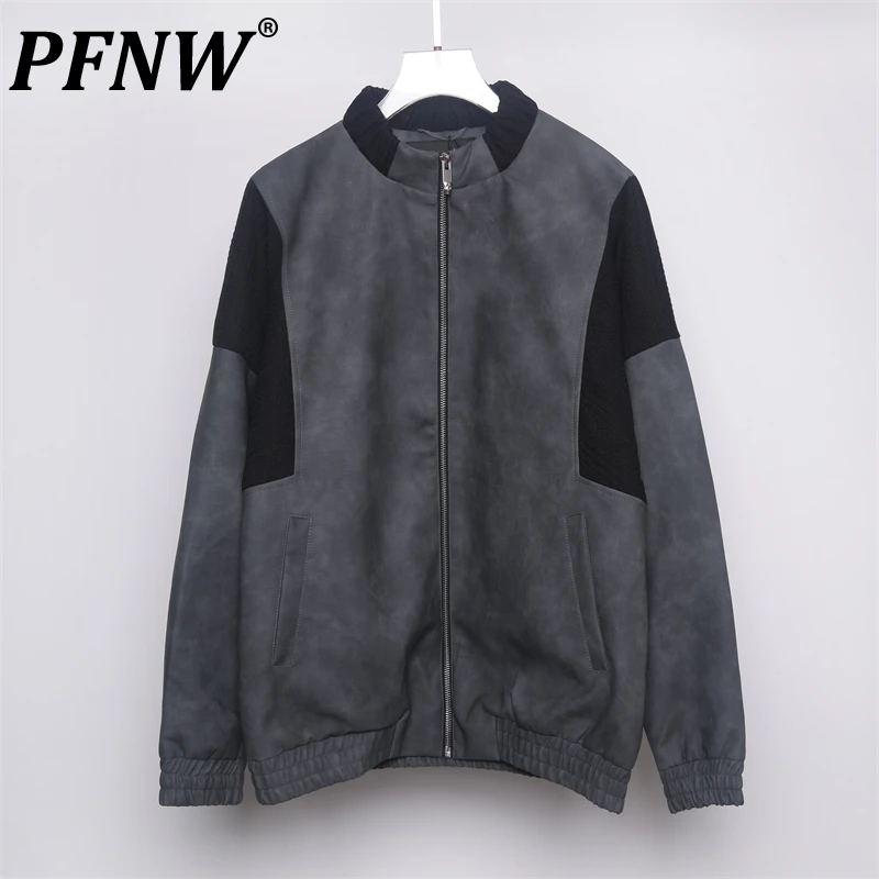 

PFNW Patchwork PU Leahter Men's Stitching Color Jackets Stand Collar Niche Design Dark Wear Male Casual Coats 2023 New 28W1597
