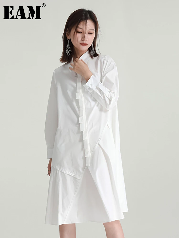 

[EAM] Women White Brief Ruffles Big Size Shirt Dress New Lapel Long Sleeve Loose Fit Fashion Tide Spring Autumn 2023 1DF1189