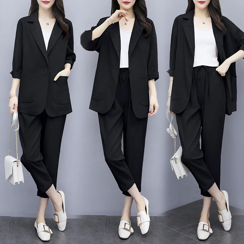 

Spring Autumn New Two Pieces Sets Women Suits Cotton Linen Blazers Casual Elegant Office for Women Ladies Style Long Pants Set