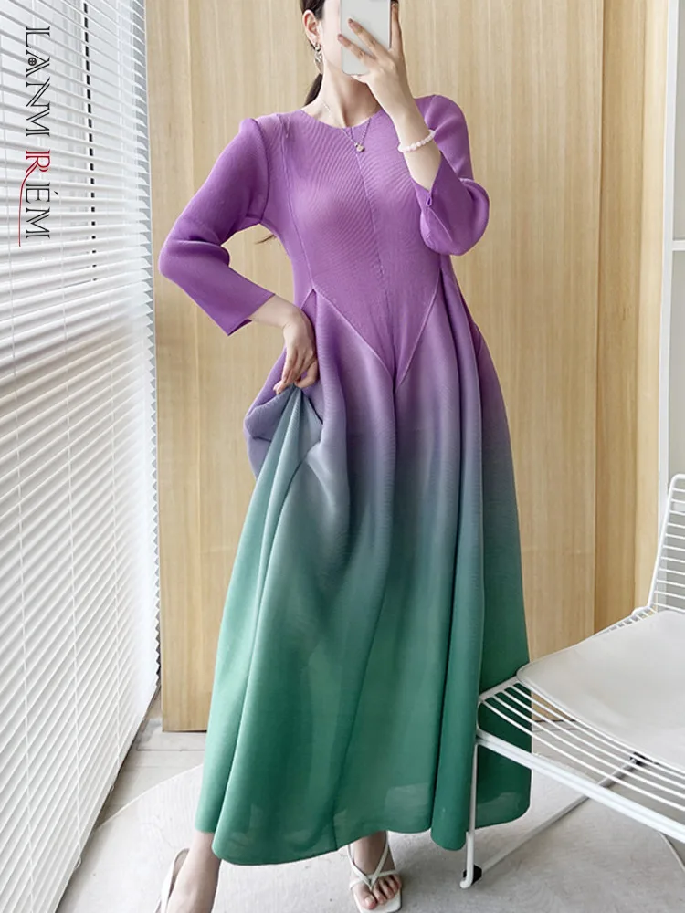 LANMREM Pleated Lantern Dress High Waist Long Sleeves Gradient Maxi Fashion Dresses Ladies Party Clothing 2023 New 2DA1688