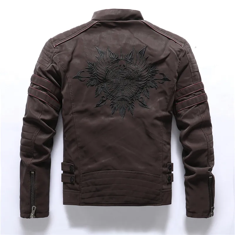 

Back Skull Embroidery Motorcycle Faxu Leather Jackets Men Fashion Fleece Warm PU Leather Jackets and Coats Autumn Winter Outwear