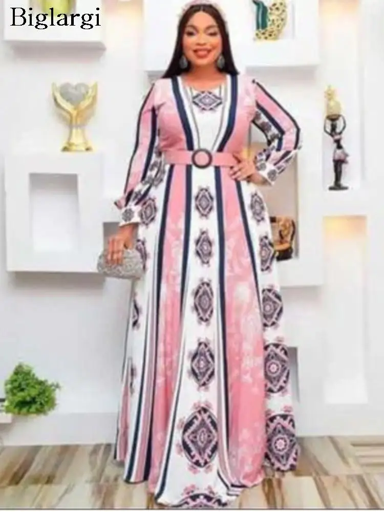 

Женское длинное платье в полоску, повседневное плиссированное платье большого размера с длинным рукавом и цветочным принтом, модель 2023 на осень