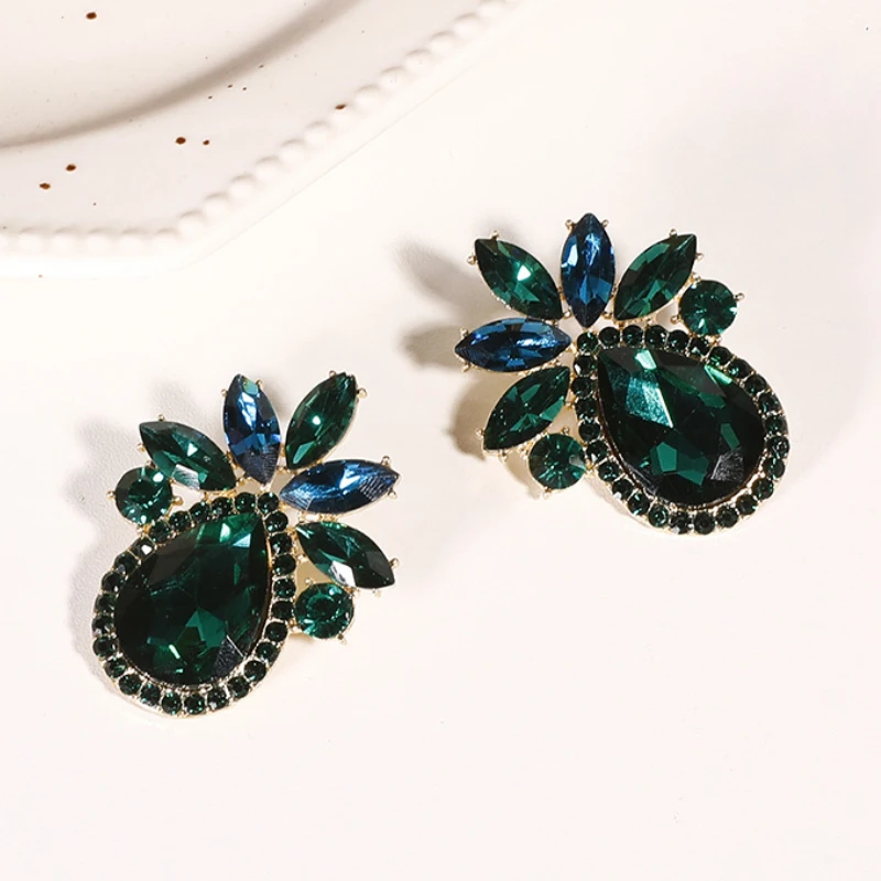 Drop Green Crystal Earrings for Women Chunky Drop Shaped Stud Earrings Party Jewelry