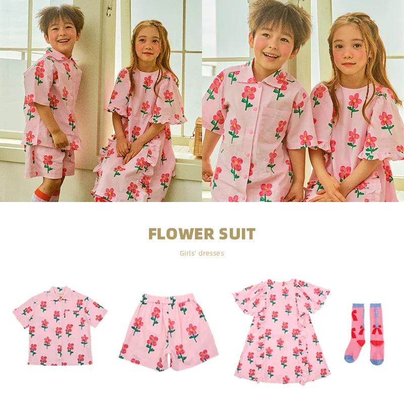 

Children's Shirt Summer New Print Boy Short-sleeved Fashion Shorts Ruffled Cotton Pink Dress Two-piece Suit Children's Clothing