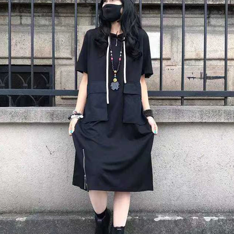 

2022 New Summer Women's Hooded Dress Plus Size Zipper Short Sleeve Loose Split Lady Harajuku Dresses Black Female Clothing XC104
