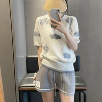 summer tb age reducing cloud aircraft jacquard hollow knitted short sleeved round neck casual all match t shirt top