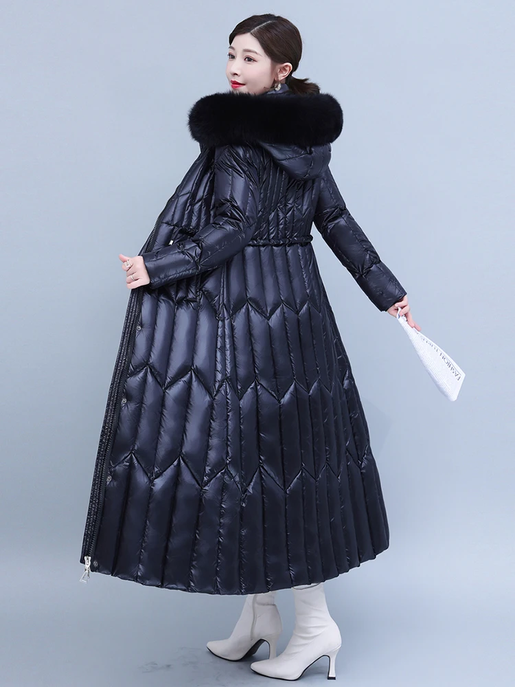 New Women Winter Thicken Keep Warm Down Doat Fashion Real Fox Fur Collar Lengthened Dress-style Down Jacket Slim Hooded Overcoat