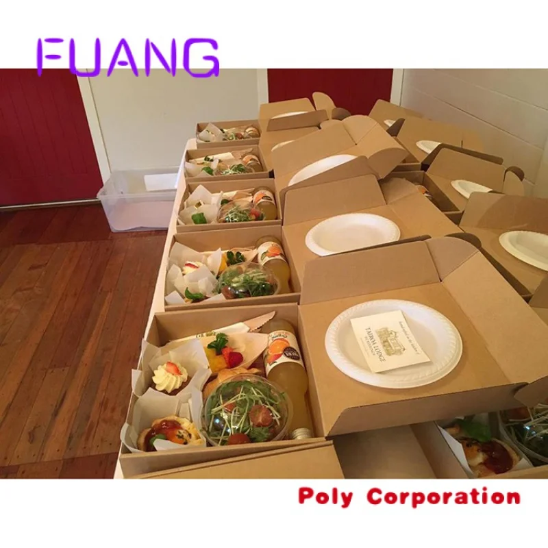 Biodegradable catering takeaway packaging boxes for fast food custom logo round square disposable kraft paper container