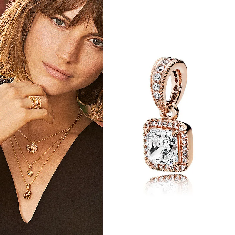 

Original 925 Sterling Silver Creative Rose Gold Square With Crystal Pendant Fit Pandora Women Bracelet & Necklace Diy Jewelry