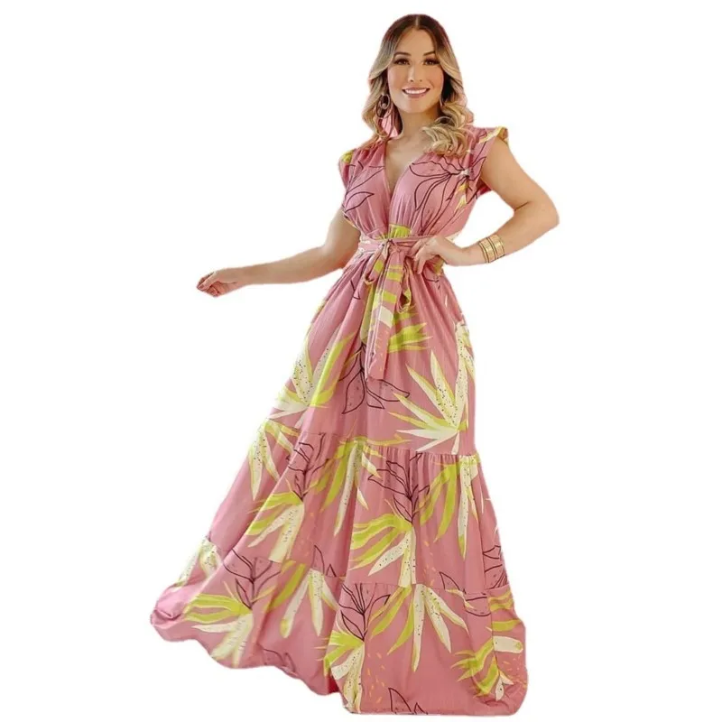 

Summer African Casual Vacation Women's Fashion Temperament Commuter Print Sexy V Neck Tie Slim Fit Slimming Dress Vestidos 2023
